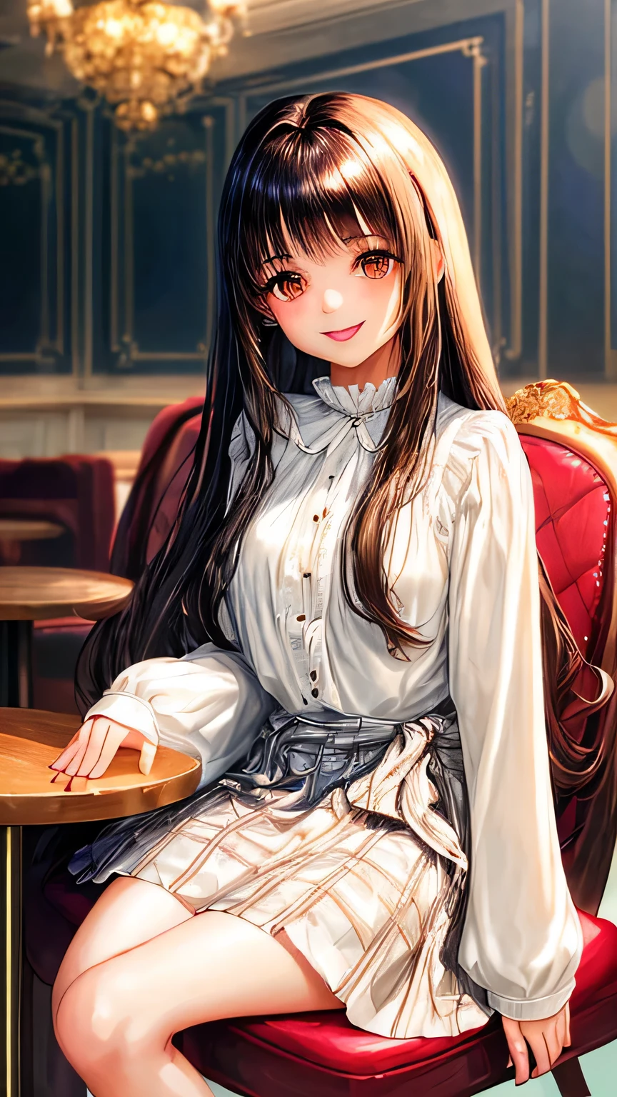 Young cute girl with long shiny hair　Bring bangs　Smile and laugh　Upper body from the waist up　Idol type　eyes are wide and big　White long-sleeved blouse and checked skirt　glossy lips　enchanting smile　sitting on a chair in a stylish cafe　highest quality　High resolution