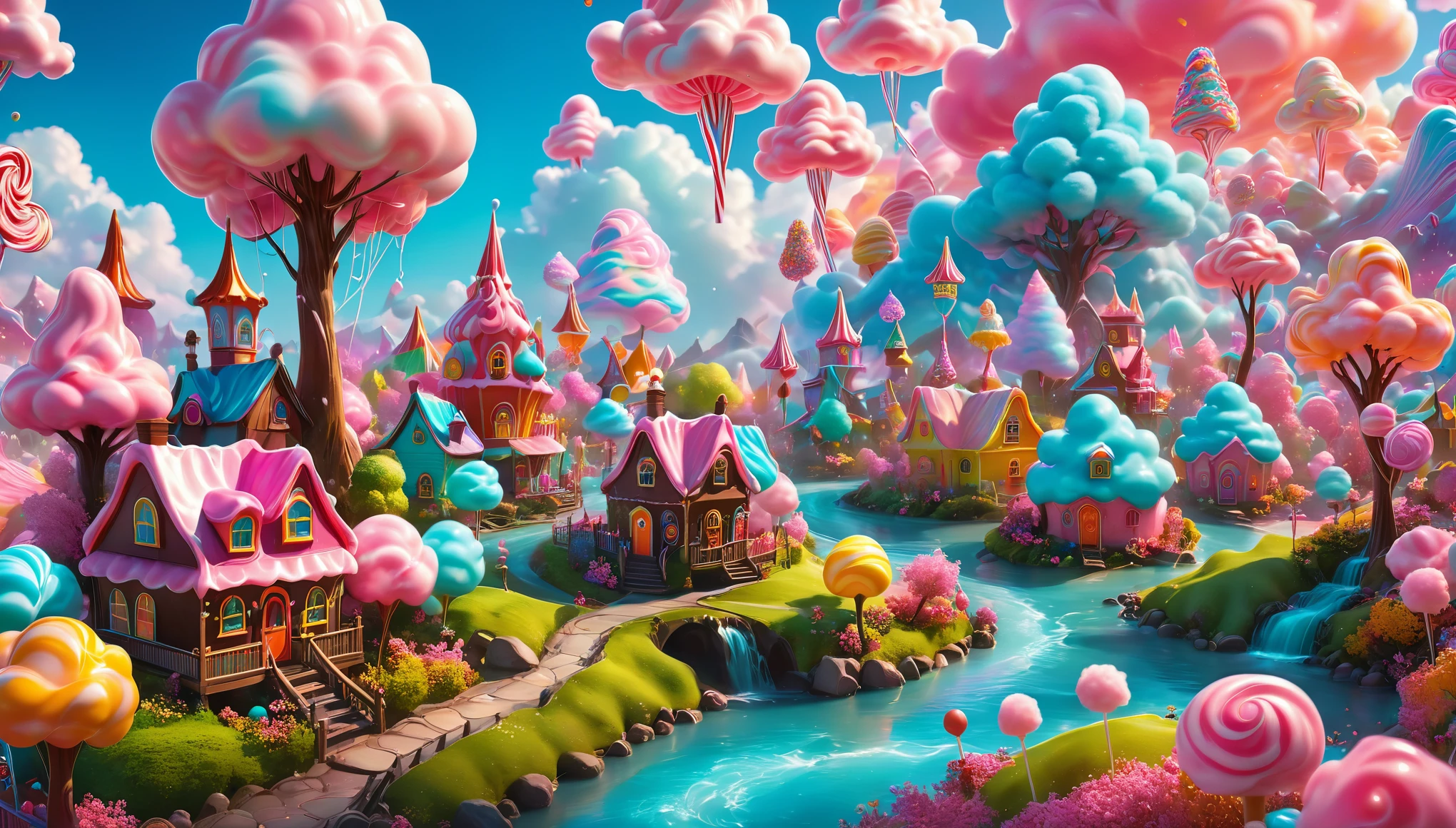 best quality,ultra-detailed, vibrant colors, dreamy lighting, surrealistic landscape, candy-inspired world, colorful candy mountains, cotton candy clouds, lollipop trees, gumdrop houses, chocolate rivers, sugar rush, fantasy adventure, magical atmosphere, magical creatures, whimsical characters.