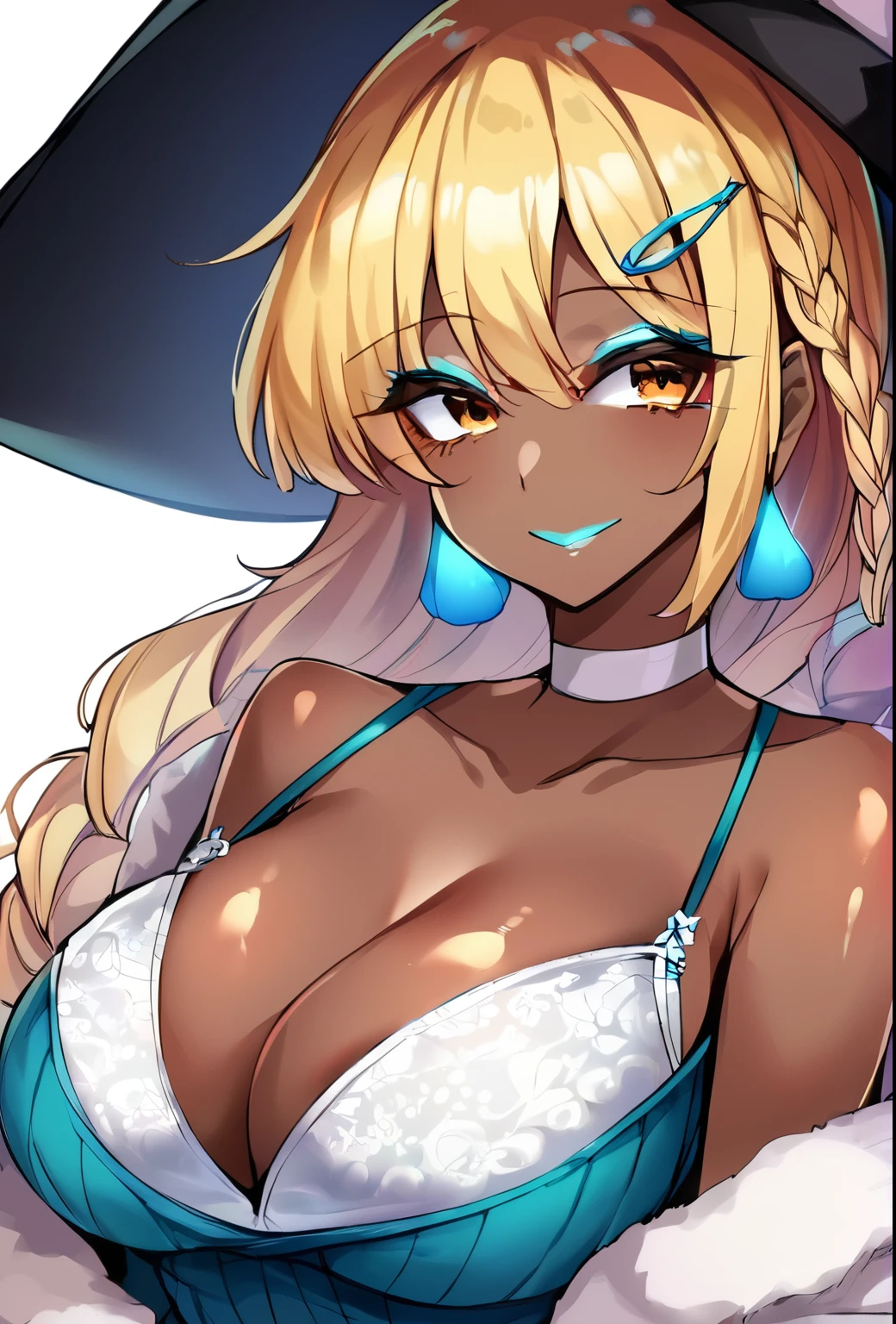 Score_9, score_8_up, score_7_up, score_6_up,  gyaru, source_anime, 1girl, solo, white background, abstract rectangular background, upper body, looking at viewer, BREAK, cyan highlights, hoop earrings, BREAK, cyan lips, dark skin, makeup, eyeshadow, cyan dress, cyan ribbed sweater, fur trim, bare shoulders, off shoulder, white choker, hairclip, (cleavage, laced white bra, long braid), kirisame_marisa_touhou, blonde_hair, long_hair, hat, witch_hat, bow, yellow_eyes, braid, single_braid, hat_bow, smile, hair_bow, white_bow, bangs, black_headwear