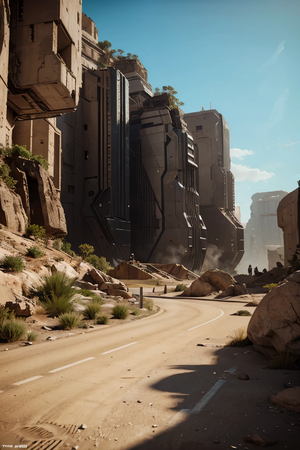 there is one gigantic futuristic post apocalyptic shiny metal cyberpunk building surrounded by a maze of smaller futuristic buildings, there is a dry canyon, no humans, no vehicles, a detailed matte painting inspired by Filip Hodas, retrofuturism, 3d render of one scifi gigantic stadium built into side of the canyon, futuristic gigantic stadium, futuristic gigantic base, rendered in redshift, rendered in keyshot, scifi base, rendered in unreal engine 5, super rendered in octane render