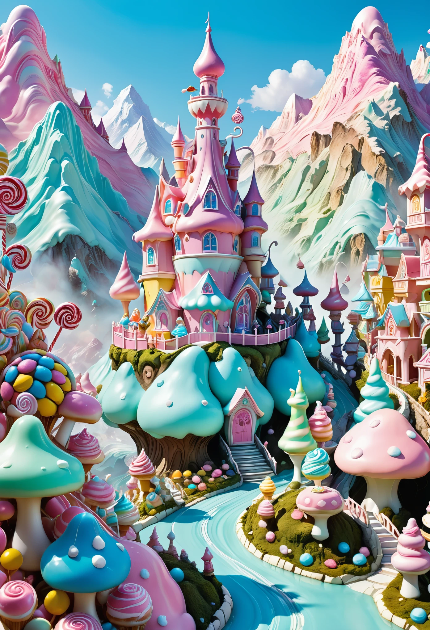 In an anime and comic book style, illustrate Alice's adventure in Candyland, where the scrumptious delights turn sinister as pastel-colored caked mountains morph into architectural structures of menacing marzipan whilst candy characters become ruthless guardians.