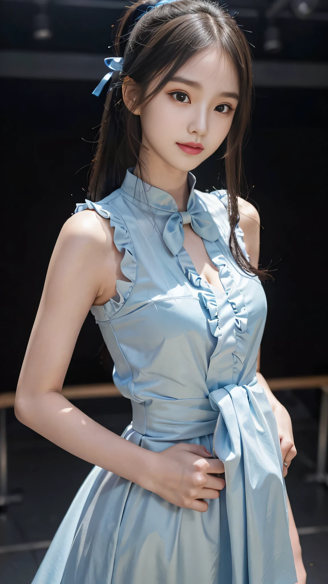 close up face,standing on stage,Blue colored long dress with lots of ruffles,One woman,masutepiece, The highest image quality, High quality, the background is clear,Beautiful woman, Japanese, Detailed, Detailed eyes, Detailed skin, Beautiful skin, 超hight resolution, (reality: 1.4),Very beautiful woman, Slightly younger face, Beautiful skin, slender, (Ultra photo realsisim), (hight resolution), (8K), (Very detailed) (beautifully detailed eyes), (super detailed), (Detailed face), view the viewer, Fine details, Detailed face, Staring straight ahead, Staring straight ahead, photos realistic, Bright lighting, Professional Lighting, Black hair,poneyTail,a baby face,fifteen years old,Hairstyle is ponytail,long ponytail hairstyle,slight smile,neat and tidy clothing,Beautiful Japanese KPOP idol photo, hair style is ponytail, my eyes are double and wide, baby face, smile and look straight ahead, slender, small breasts,Blue ribbon on head,