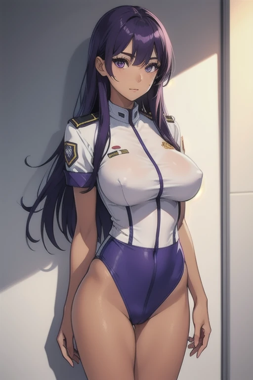 A girl with long straight purple hair and purple eyes with tan skin and full breasts standing straight facing the viewer in a  uniform, perfect,