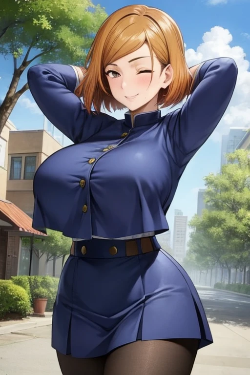 NobaraSU1,1girl, solo, short hair, orange hair, brown eyes, looking at viewer, bangs, cowboy shot, skirt, long sleeves, high-waist skirt, smile, gigantic breasts, black pantyhose, wide hips, hourglass, blue skirt, turtleneck, sweatdrop, hair behind ear, blue jacket, blue clothes, belt, shiny hair, buttons, crop top overhang, outdoors, blue sky, clouds, trees, bushes, buildings, sunshine, one eye closed, standing, arms behind head, closed mouth, BREAK masterpiece, best quality, highly detailed background, perfect lighting best quality