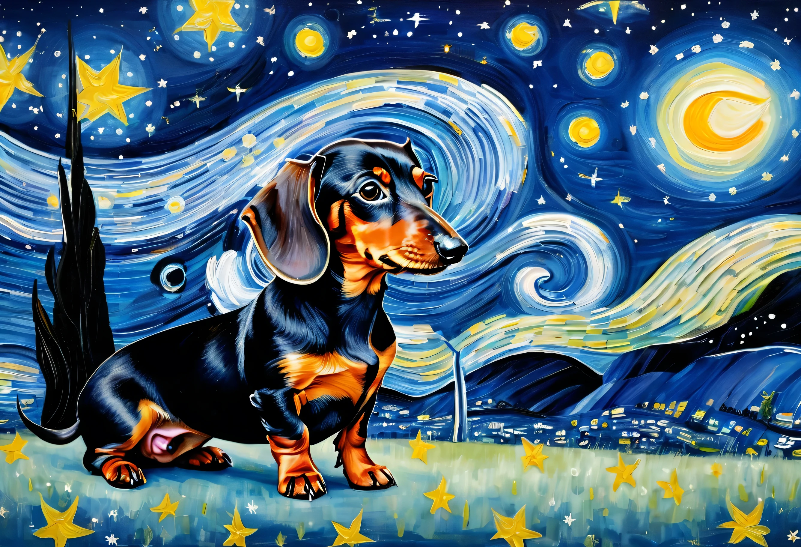 starr night dachshund dog painting by artist susan schmik, in the starry night, portrait of a dachshund, Cute Dog Drawing, inspired by Vincent Van Gogh, dachshund,