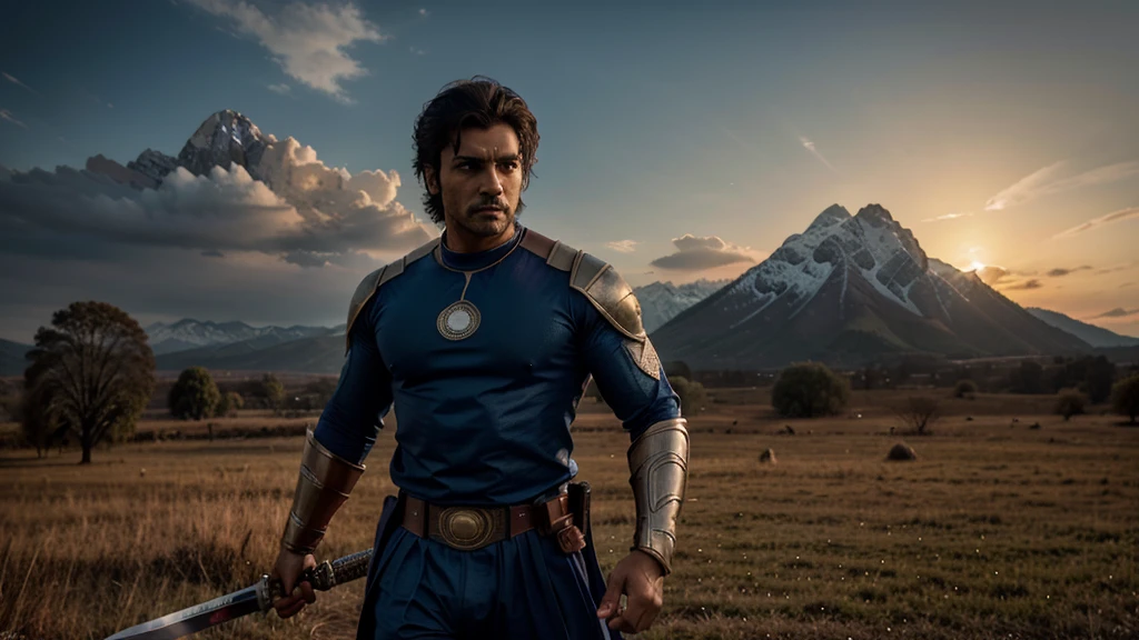 A slim Indian super hero with aggressive eyes and handsome face standing with a sword in the large battle ground with sun set view of mesmerizing weather and cinematic lighting and volumetrics with mountains and trees in background, photorealistic, 8k quality, detailed face, detailed image, ultra realism, dslr, depth of field, cinematic vibe.