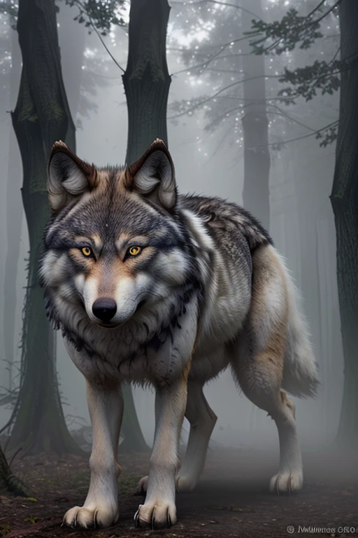 Wolf quadruped animal with white fur yellow eyes in a foggy forest looking straight at the viewer 