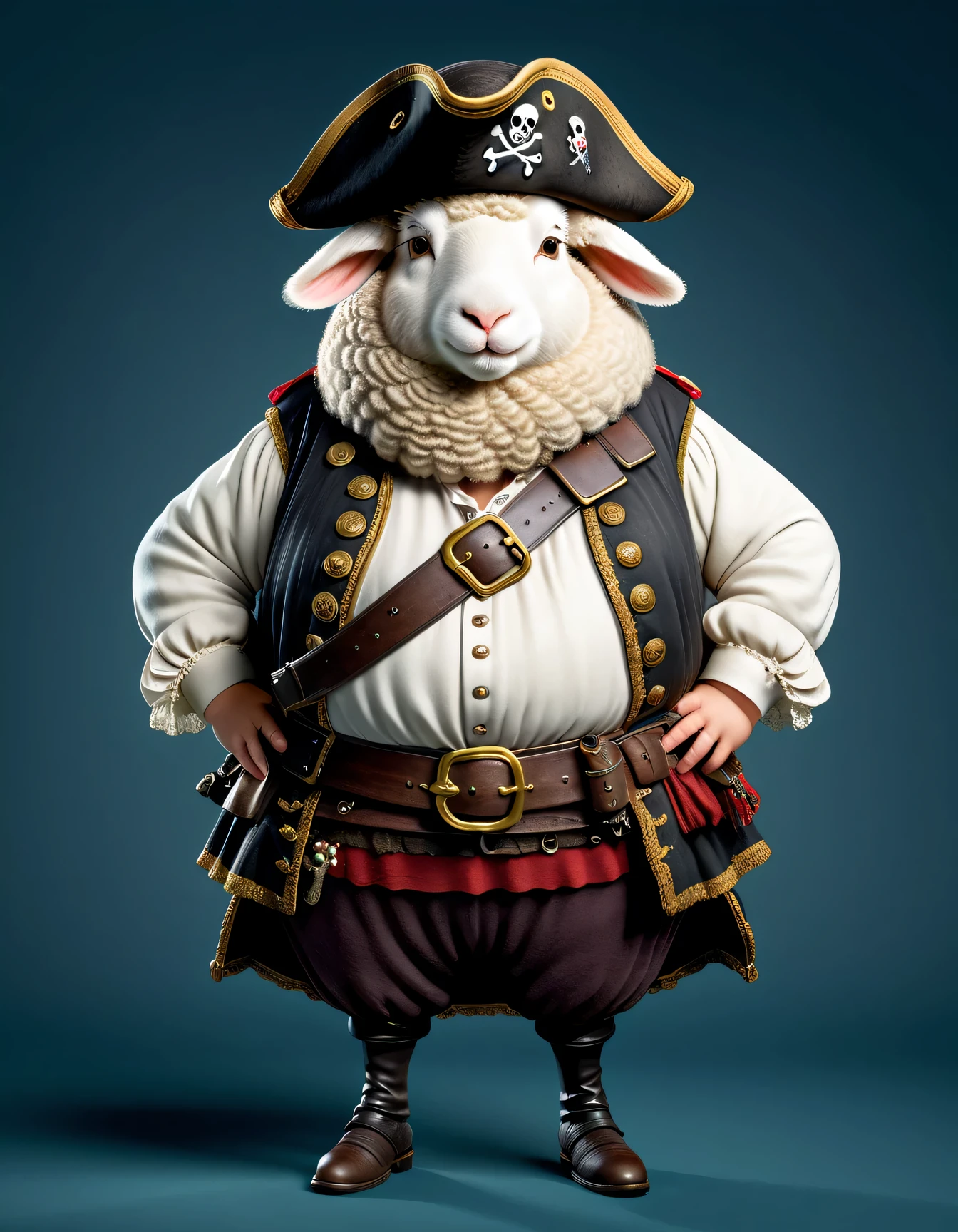 photorealistic portrait of Dressed animals - a ((fat)) sheep pirate,(hands on :1.2),(), high quality,(lovely) ,intricate details, highly detailed (( pirate costume)), wearing pirate cap , highly detailed pirate equipment , (happy), studio lighting,(),(simple background)