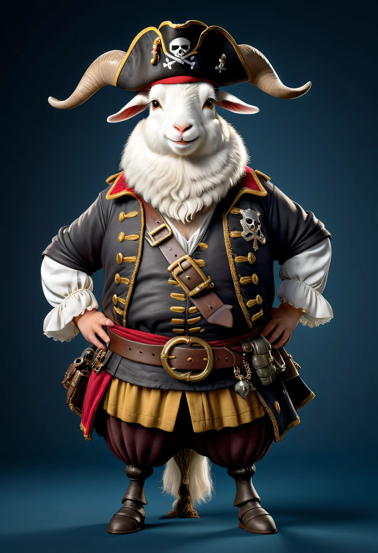 photorealistic portrait of Dressed animals - a ((fat)) goat pirate,(hands on hips:1.2),(), high quality,(lovely) ,intricate details, highly detailed (( pirate costume)), wearing pirate cap , highly detailed pirate equipment , (happy), studio lighting,(),(simple background)