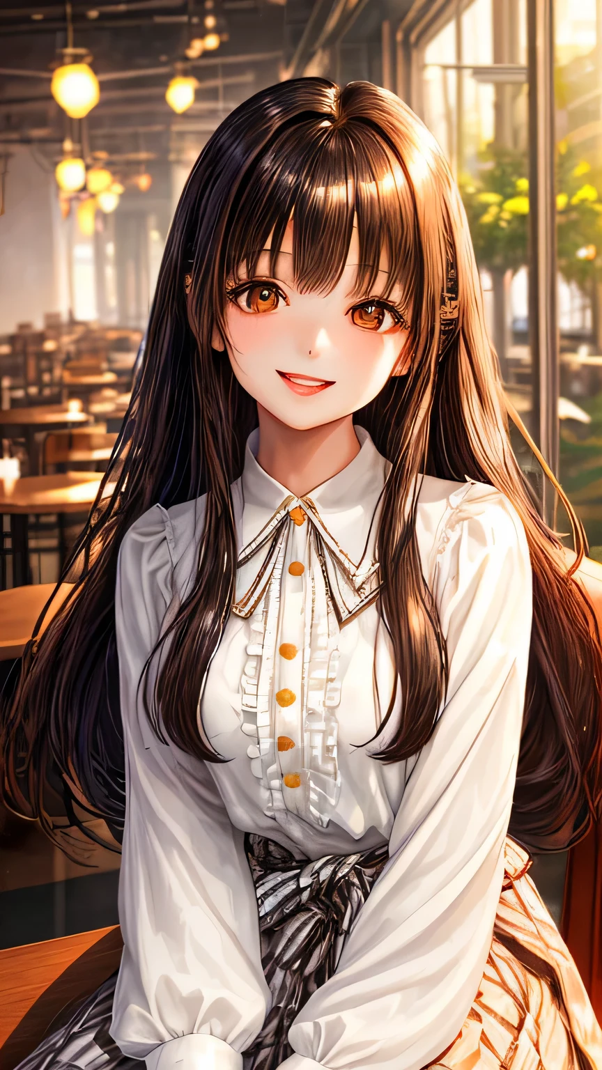 Young cute girl with long shiny hair Bring bangs Smile and laugh Upper body from the waist up Idol type eyes are wide and big White long-sleeved blouse and checked skirt glossy lips enchanting smile sitting on a chair in a stylish cafe highest quality High resolution face forward Brown eyes