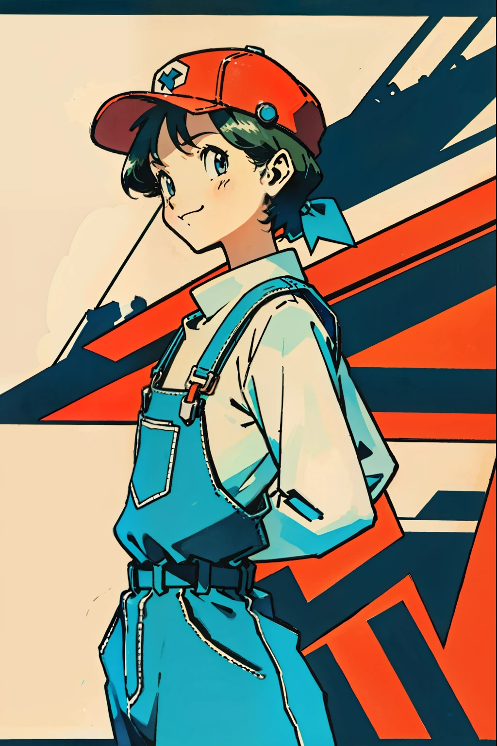 by Ken Sugimori, sugimori 1990s, ((only 1man)), peasant, overalls, flat cap, smiling, white shirt, ((no background)), ((hands behind their back)), full black pupils, manga, best quality, highly detailed, clean lines, cowboy shot, good hands, good eyes, hd, 8k, professional, symmetrical, hires, 8k,