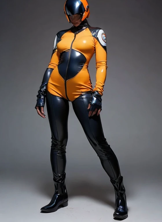 plush fur lined collar, perfect proportions, anatomically correct, (head to toe: 2.0), (full body image: 2.0), 1girls, solo, (Casshern: 1.6), extremely stylized, deviant art, masterpiece, highly detailed, bright eyes, ((wide hips)), detailed eyes, expressive detailed eyes, wide eyed, detailed pupils, futuristic, ((1950s scifi helmet)), ((pointy helmet)), Rubber Gloss, blush, (rubber skinsuit:1.4), fur lined white boots, blush, small breasts, lots of freckles, super textured detailed skin, entire body image, full body shot, nvinkpunk, professional photograph of alexander_skarsgard, tassles, large beads, navy blue orange and white, ((crouching)), cyberpunk, inkpunk, (entire image in frame: 1.4)