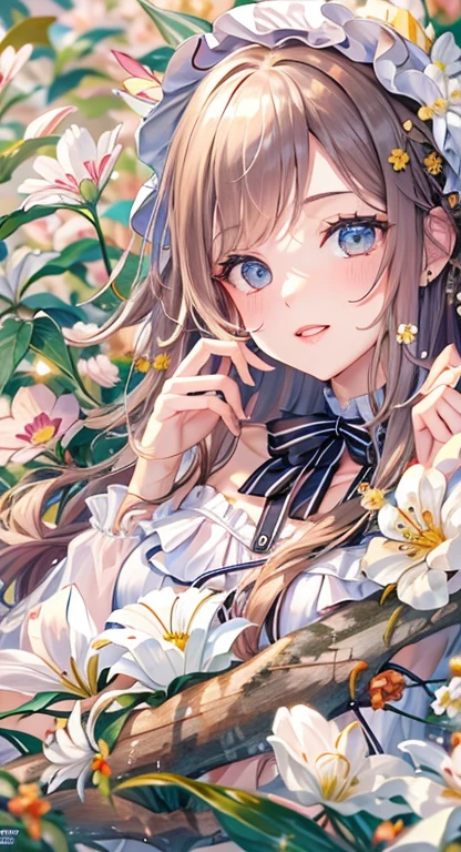 ((highest quality)), ((masterpiece)), (get used to it), perfect face , beautiful girl , Rabbitの耳 , Rabbit , There are many flowers in the background ,