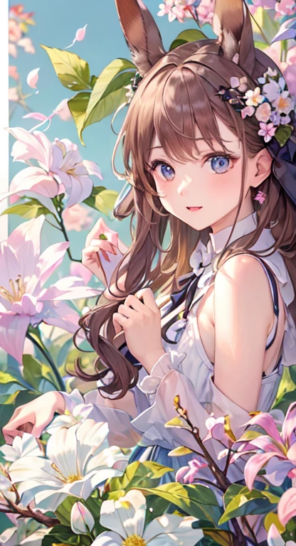 ((highest quality)), ((masterpiece)), (get used to it), perfect face , beautiful girl , Rabbitの耳 , Rabbit , There are many flowers in the background ,
