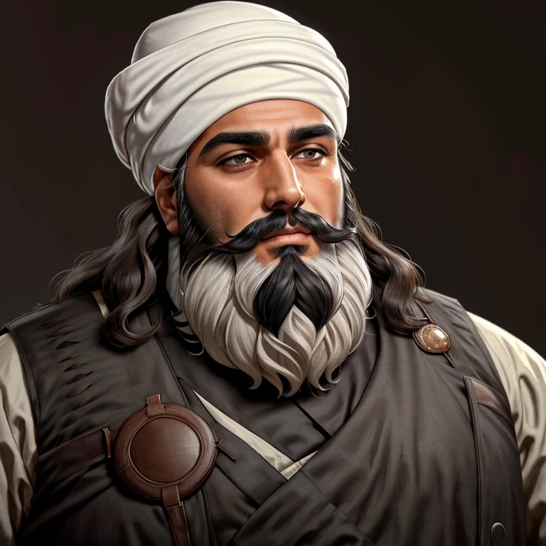 The Arab man's face, adorned with a white turban and a thick, sprawling beard, exudes an aura of wisdom and authority. The hair under his lower lip and above his chin, with its pearly white appearance, contrasts starkly against the dark background of his beard. The hair at the nape of his neck extends down, blending seamlessly with the beard. His skin color is rich and blooming, complementing the large, very dark head whose features are accentuated by the slight curl of his hair.

His neck, as smooth as the finest silver, adds to the delicate beauty of his face. The cheeks are flat and smooth, a harmonious blend of roundness and flowing