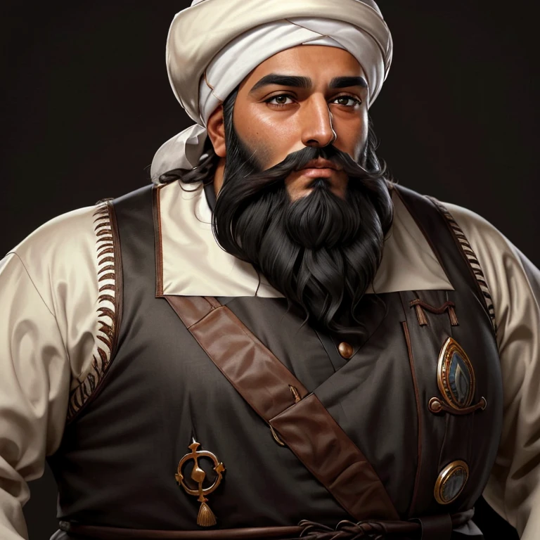 The Arab man's face, adorned with a white turban and a thick, sprawling beard, exudes an aura of wisdom and authority. The hair under his lower lip and above his chin, with its pearly white appearance, contrasts starkly against the dark background of his beard. The hair at the nape of his neck extends down, blending seamlessly with the beard. His skin color is rich and blooming, complementing the large, very dark head whose features are accentuated by the slight curl of his hair.

His neck, as smooth as the finest silver, adds to the delicate beauty of his face. The cheeks are flat and smooth, a harmonious blend of roundness and flowing