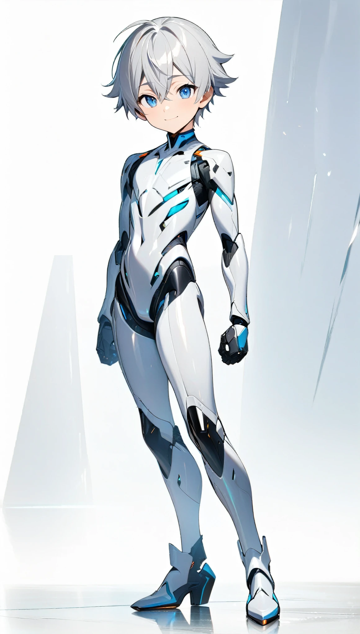 (((masterpiece:1.5))), full body image, anime robot boy, 1boy, ((shota)), shiny, ((white)), smooth, (((sleek))) robot body with accents, heeled feet, silver hair, gentle face, blue eyes, calm, smiling expression, plain white background