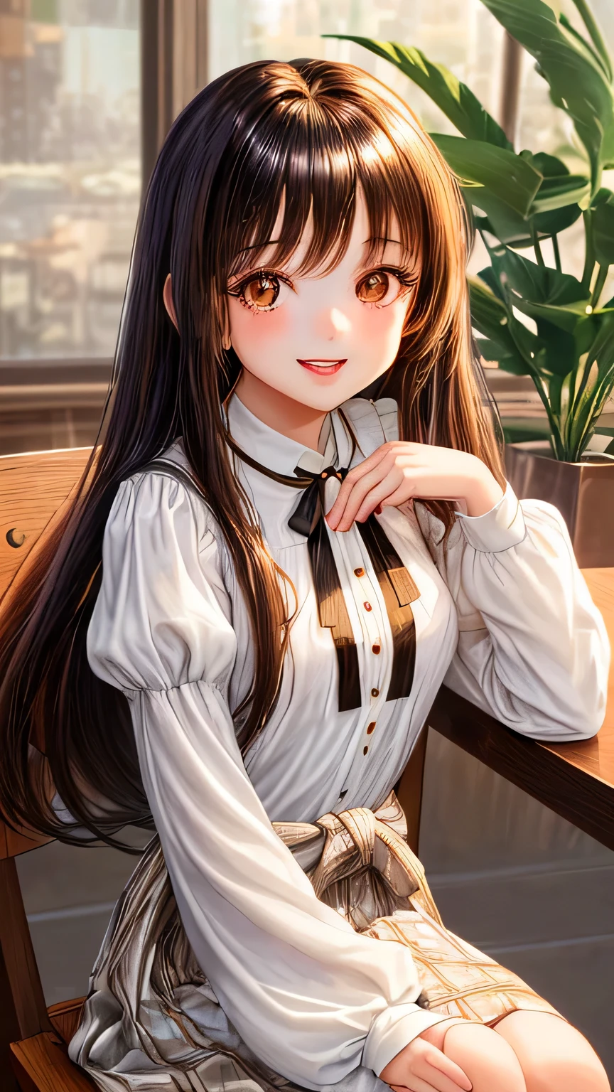Young cute girl with long shiny hair Bring bangs Smile and laugh Upper body from the waist up Idol type eyes are wide and big White long-sleeved blouse and checked skirt glossy lips enchanting smile sitting on a chair in a stylish cafe highest quality High resolution face forward Brown eyes