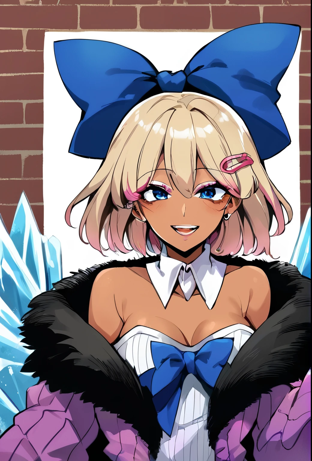 Score_9, score_8_up, score_7_up, score_6_up,  gyaru, source_anime, 1girl, solo, white background,  brick wall backdrop, upper body, looking at viewer, BREAK, earrings, BREAK, thin pink lips, tanned skin, pink makeup,  ribbed sweater, fur trim, bare shoulders, off shoulder, white choker, hairclip, cirno_touhou, blue_hair, bow, hair_bow, short_hair, wings, ice, blue_bow, ice_wings, blue_eyes, bangs, blush, smile, open_mouth, hair_between_eyes, ribbon, neck_ribbon