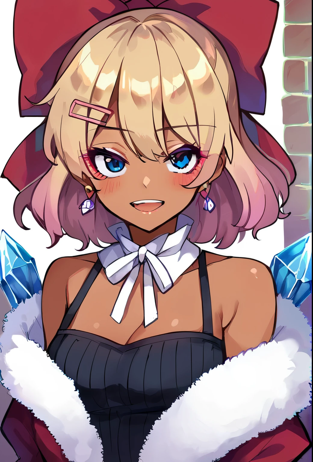 Score_9, score_8_up, score_7_up, score_6_up,  gyaru, source_anime, 1girl, solo, white background,  brick wall backdrop, upper body, looking at viewer, BREAK, earrings, BREAK, thin pink lips, tanned skin, pink makeup,  ribbed sweater, fur trim, bare shoulders, off shoulder, white choker, hairclip, cirno_touhou, blue_hair, bow, hair_bow, short_hair, wings, ice, blue_bow, ice_wings, blue_eyes, bangs, blush, smile, open_mouth, hair_between_eyes, ribbon, neck_ribbon