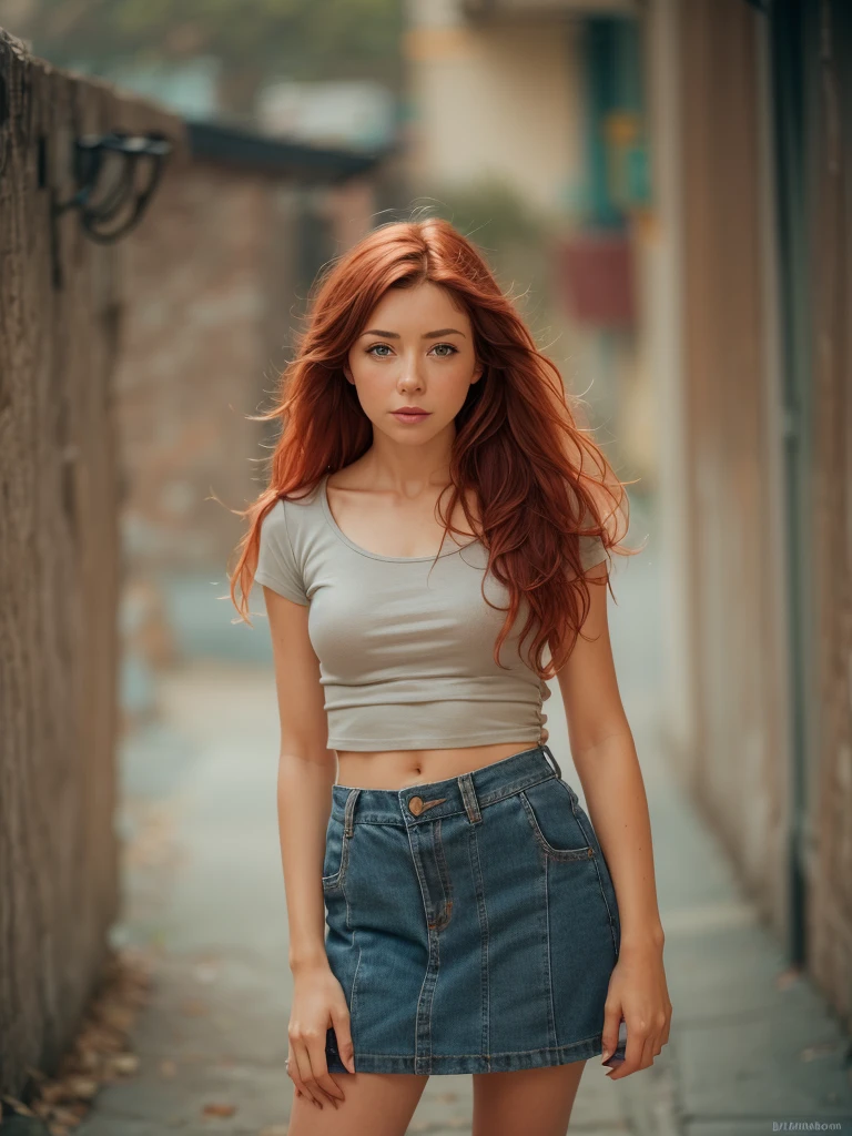 Alyson Hannigan), slim, beautiful face, slim face, Irish fitness model, small perky breasts, small hips, standing position, slim legs, red hair, freckles, provocative pose, (neglected teenage bedroom, wearing a crop top T-shirt and short skirt student, red hair, provocative, 15-year-old girl, long legs, narrow waist, narrow hips, slim, beautiful teenager), (Tween model, 15 years old, youth: 1.1), Airy beautiful, slim, , red hair, green eyes, flat, perky chest, Soft light, ((David Hamilton style)), full body photo, masterpiece, best quality, photorealistic, 8K, high resolution, detailed skin, 8K UHD, digital single lens reflex camera, soft lighting, High quality, film grain, FUJI XT3,