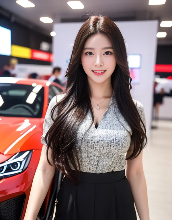 8K UHD, DSLR, Raw foto, Photorealistic, ultra realisic, Cinematic Lightning, high detailed, high detailed skin, High Quality , Tamron SP 70-300mm F/4-5.Photo taken by 6,The highest quality, Slightly visible chest and thighs, The ultra-Highres, slim waist, Lovely smile, highly detailed faces, Detailed lips, Detailed Eyes, Double eyelidd, Long black hair, Black-haired god, Spectacular sports car exhibition, Bright and cheerful atmosphere, Lovely eyes, (Racing models), Racing model costumes, Colorful costume colors, model poses, full body photograph,Bright and tight-fitting clothes, Sexy fashion