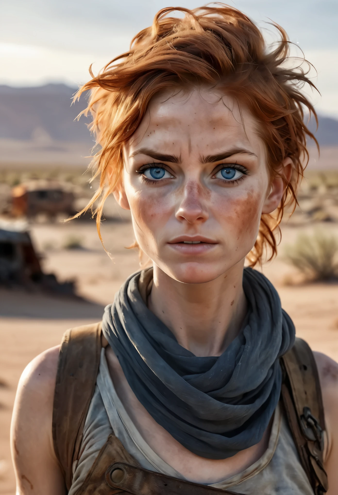 Minimalistic watercolor rendering, (Masterpiece photo), midshot, a desert post apocalyptic landscape at sunset, (in the style of desert rangers from "Wasteland"), a cute woman with ginger short disheveled hair, post apocalyptic nomadic clothes, natural skin texture, blue-grey eyes, some freckles on face, skinny runners body, detailed face, and eyes, ultra realistic face, looking tired, tattered fabric, unconventional accessories, action movie picture,  in dinamic, dark arts, 16K, ultra high res, analog photo style, depth of  field,  UHD, RAW, DSLR