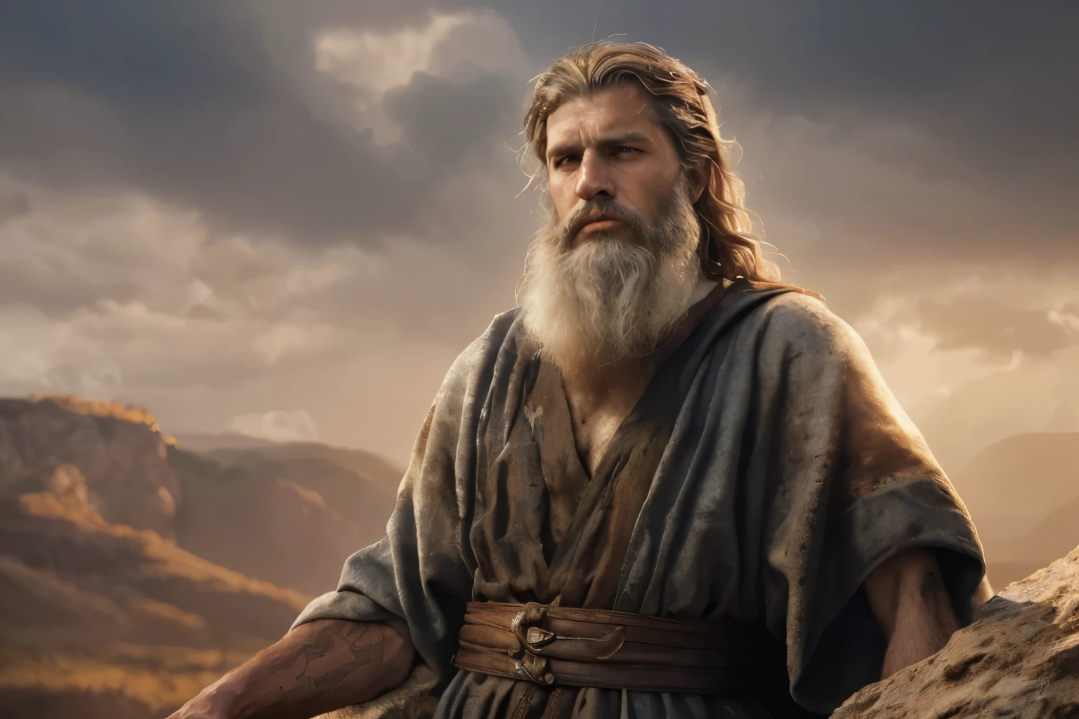 um homem com uma longa barba e barba em frente a uma montanha, moisés, biblical epic film, arte conceitual de deus, epic biblical representation, por Alexander Kucharsky, wise old man, por Daniel Taylor, por Scott M. Fischer, by João Alexandre, retrato pintado de Zeus robusto, inspirado por Abraham Begeyn, pintura digital de godrays