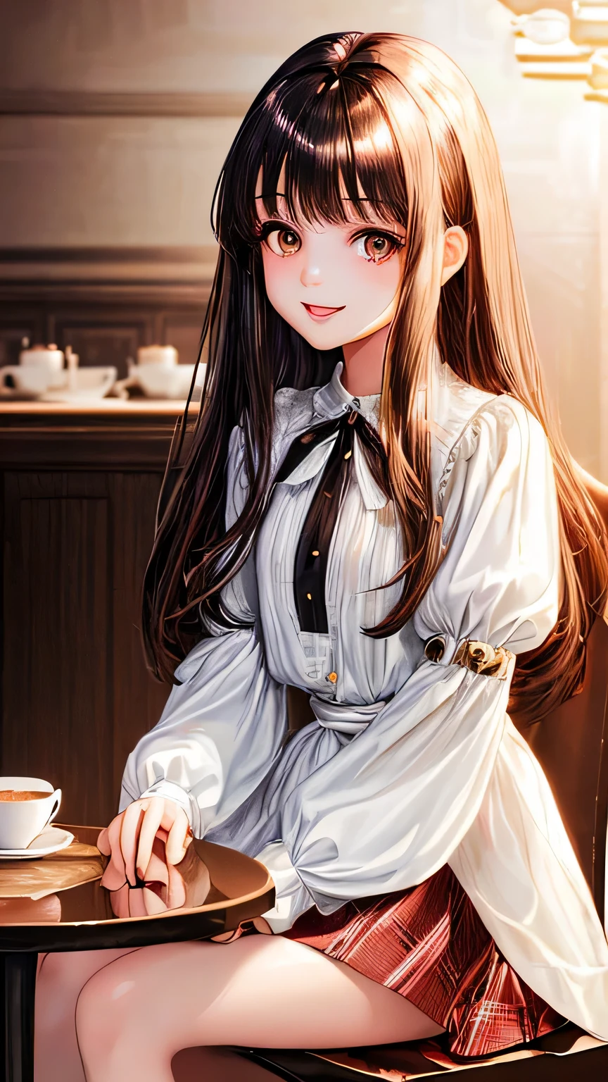 Young cute girl with long shiny hair　Bring bangs　Smile and laugh　Upper body from the waist up　Idol type　eyes are wide and big　White long-sleeved blouse and checked skirt　glossy lips　enchanting smile　sitting on a chair in a stylish cafe　highest quality　High resolution　Brown eyes　face straight ahead　Horoscope