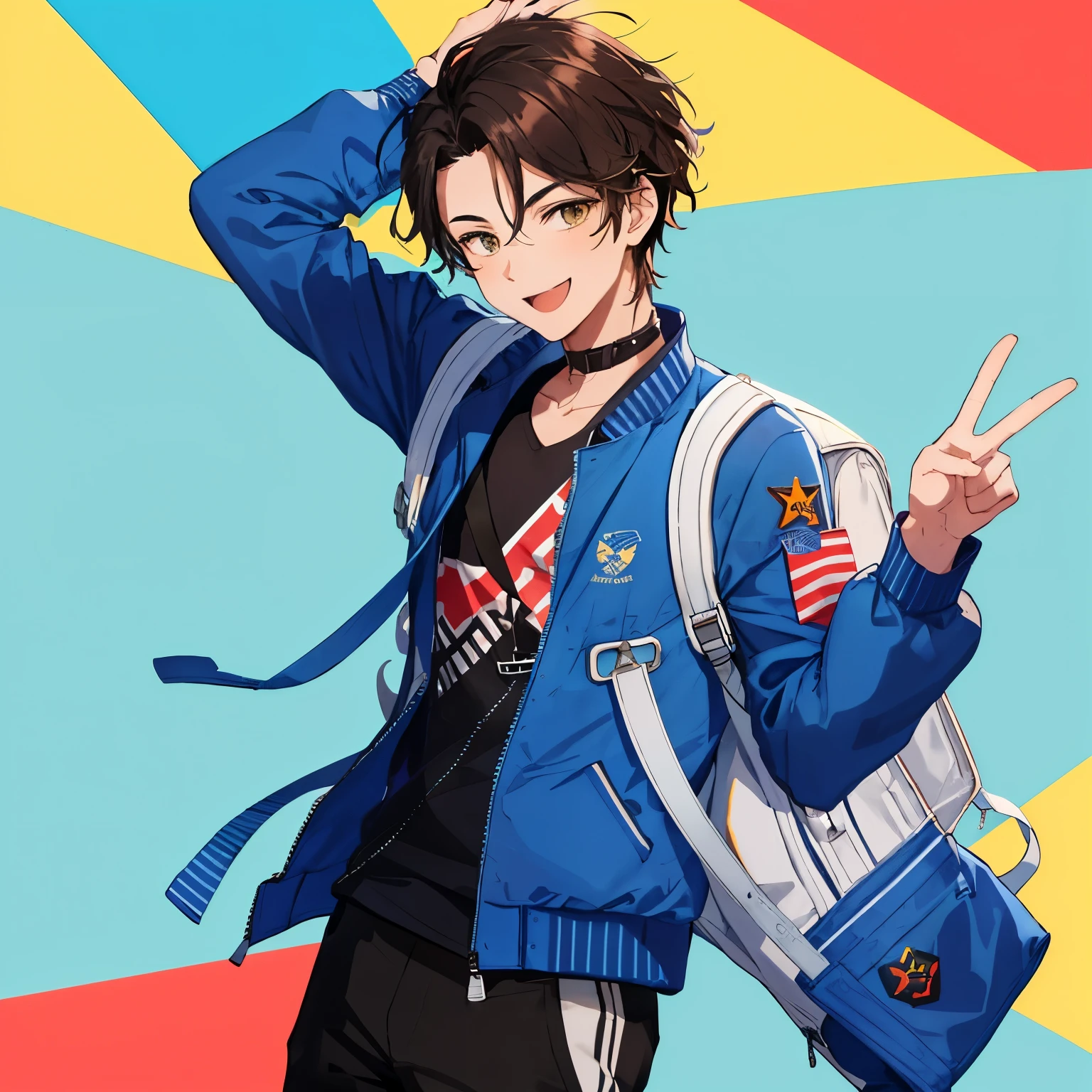 Create a digital illustration of a cheerful young man in his twenties. his hairstyle is sideburns. He has an exuberant smile , dark hair, and is making a peace sign with his right hand. He's wearing a contemporary, zipped-up blue jacket with white stripes running down the sleeves, a backpack strap visible over one shoulder,  sunny day.