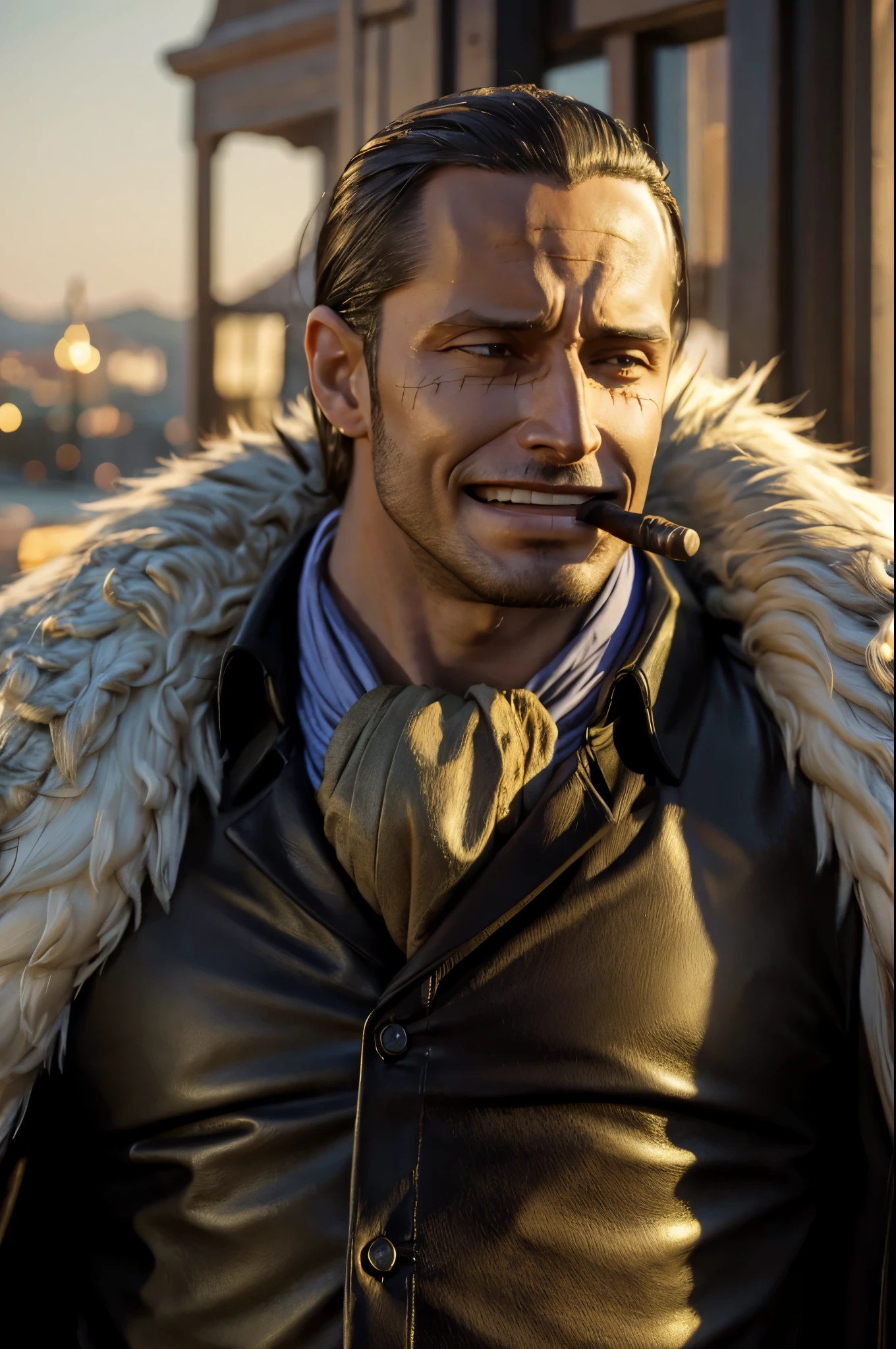 masterpiece, best quality, extremely detailed, hyperrealistic, photorealistic, a cool 40s man, ultra detailed face:1.2, fur-trimmed coat, scarf around the neck, his left hand is a golden pirate hook:1.1, cigar, in luxurious cafe, laughing, red wine grass:1.2