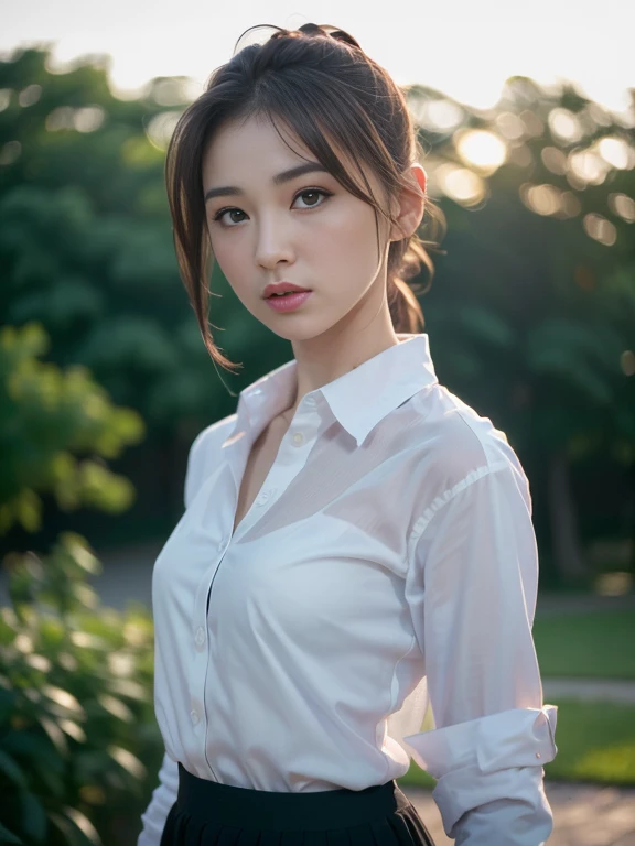 ((Best quality, 8k, Masterpiece: 1.3, raw photo)), Sharp focus: 1.2, (1 AESPA girl: 1.1), (realistic, photo-realistic:1.37), face focus, cute face, kindness, small breasts, flat chest, brunette short messy hair, or ponytail,, business suit skirt, sheer white shirt, garden, park, sunlight, cinematic lighting