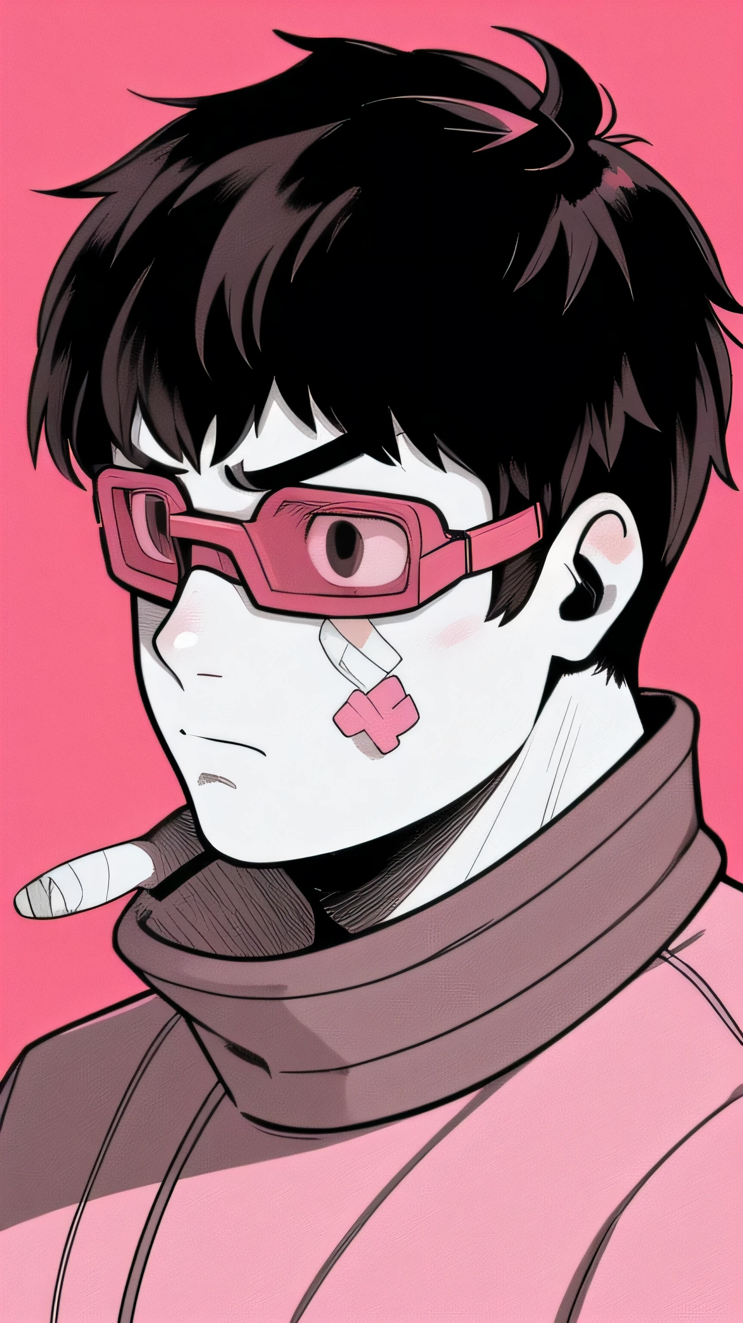 1Fat young man, solo, serious expression, short hair, bangs, simple background, closed mouth,black hair, jacket varsity, male focus,  turtleneck, h, red background, goggles, portrait, bandaid, bandaid on face, cable, limited palette, pink theme, cyberpunk