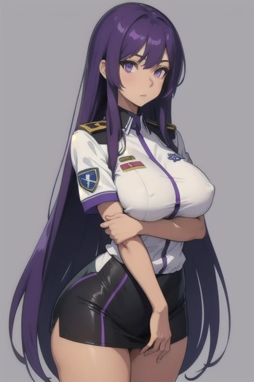 A girl with long straight purple hair and purple eyes with tan skin and full breasts standing straight facing the viewer in a  uniform, perfect,