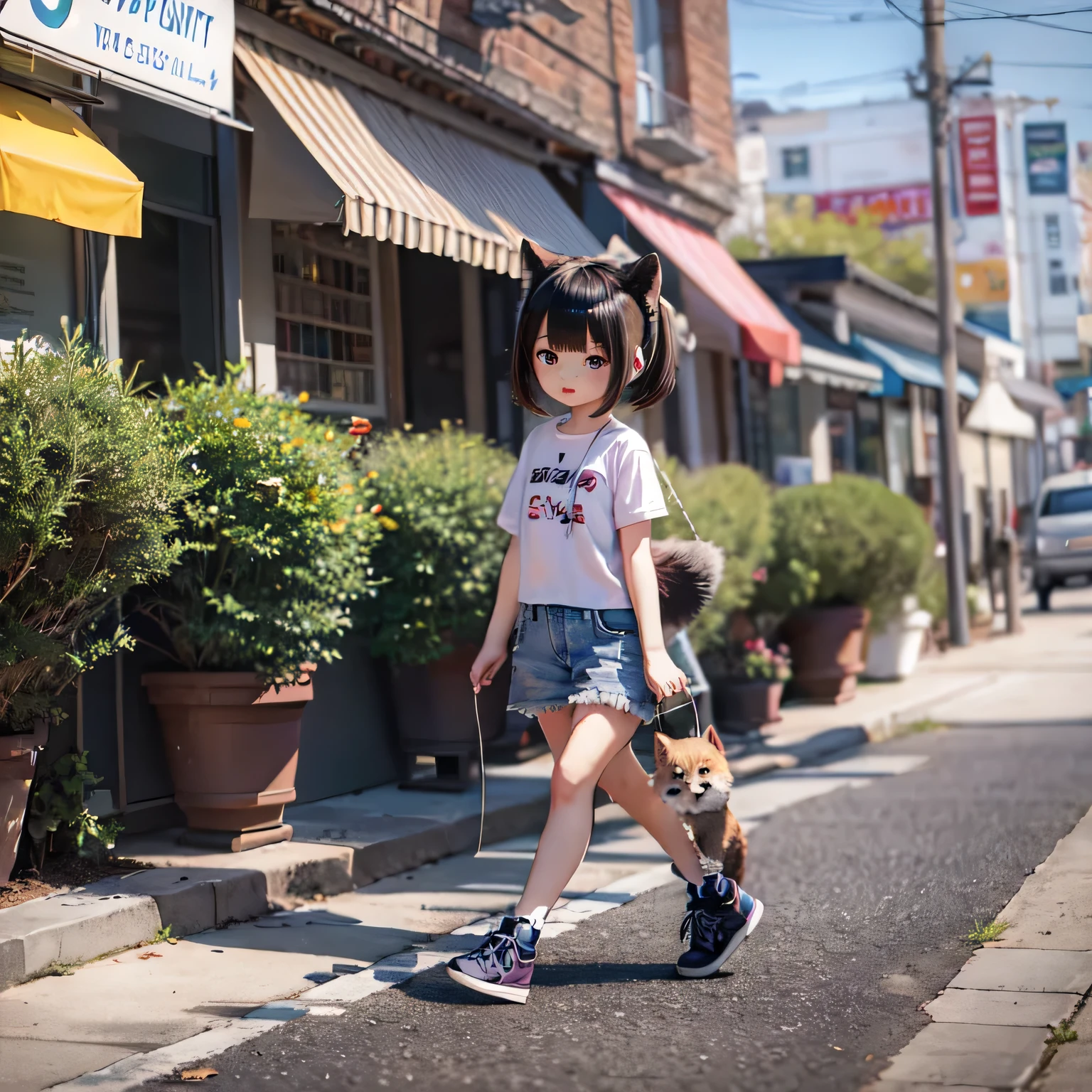 Chibi, a Shiba Inu girl walking on a lead with a girl　downtown