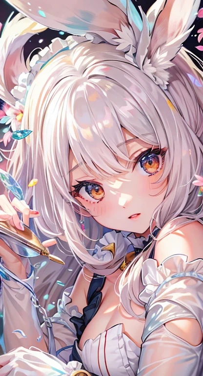 ((highest quality)), ((masterpiece)), (get used to it), perfect face , 20th generation ,beautiful girl , Rabbitの耳 , Fluffy clothes , medium breasts , I'm sticking my shoulders out , cleavage is visible , Rabbit , There are many flowers in the background ,