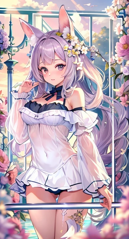((highest quality)), ((masterpiece)), (get used to it), perfect face , 20th generation ,beautiful girl , Rabbitの耳 , Fluffy clothes , medium breasts , I'm sticking my shoulders out , cleavage is visible , Rabbit , There are many flowers in the background ,