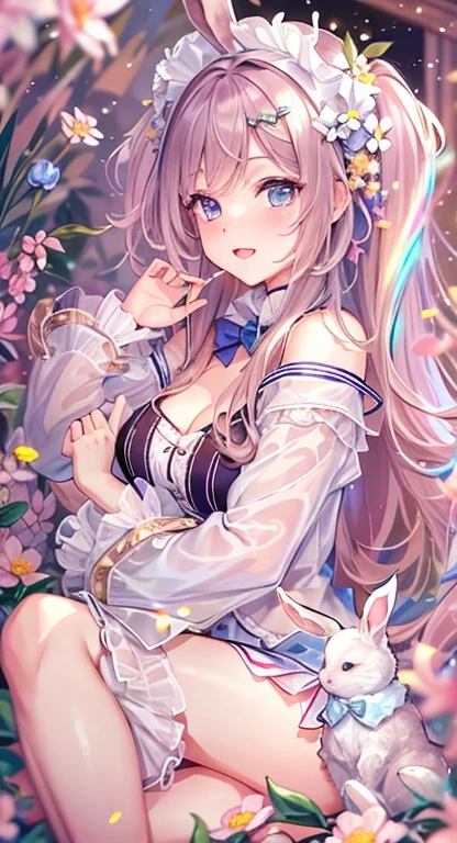 ((highest quality)), ((masterpiece)), (get used to it), perfect face , 20th generation ,beautiful girl , Rabbitの耳 , Fluffy clothes , medium breasts , I'm sticking my shoulders out , cleavage is visible , Rabbit , There are many flowers in the background ,