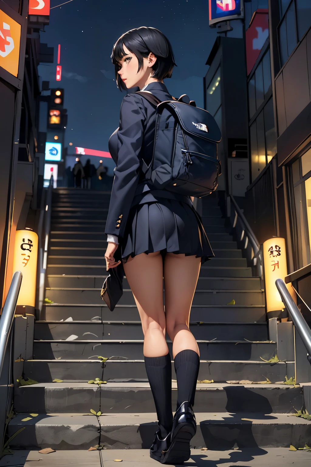 ((highest quality)), ((masterpiece)), (be familiar with),  (High definition), 8K, best shadow, The best natural lighting, cinematic, High school girl climbing stairs、(black very short hair)、navy blazer、Navy Skirt、(navy blue socks)、(THE NORTH FACE large square backpack in black:1.4), ((back view))、covert photography、((Rear bottom view))、navy blue socksのクローズアップ、Manga panel layout、cartoon style、Manga Design、(Shibuya&#39;s Grand Staircase:1.4)、evening、On the way home