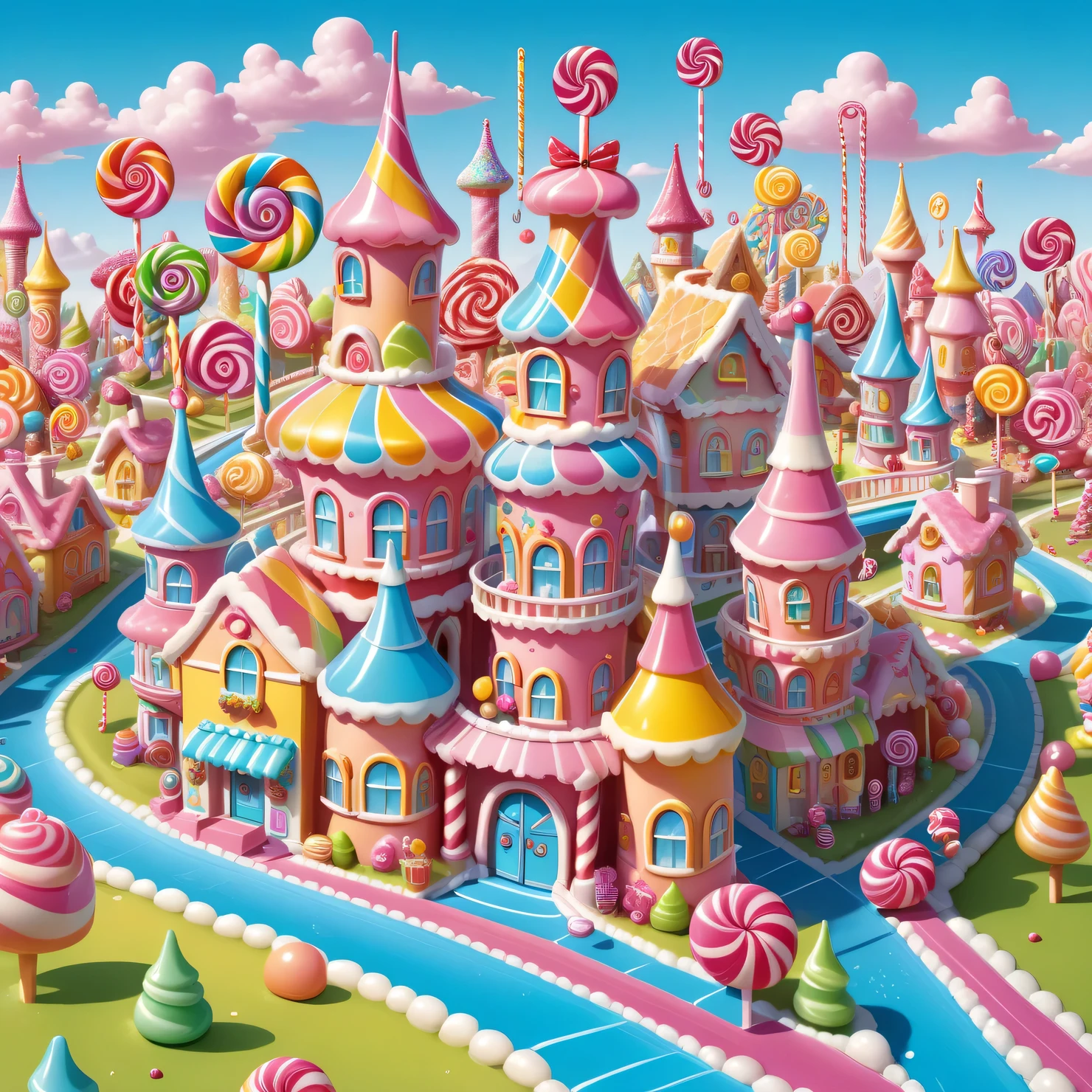 Dark fantasy, Very strange and gloomy Candyland with candy houses, candy intricate Gothic towers and candy trees, candy monsters, technically complex candy country, candy palette, Dark Fantasy, Candy magic, Candycore