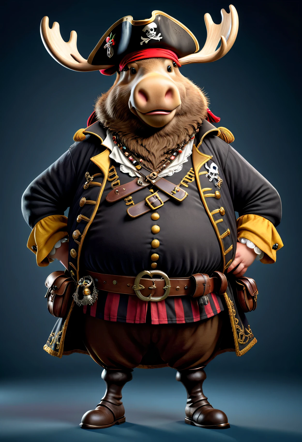 photorealistic portrait of Dressed animals - a ((fat)) moose pirate,(hands on hips:1.2),(), high quality,(lovely) ,intricate details, highly detailed (( pirate costume)), wearing pirate cap , highly detailed pirate equipment , (happy), studio lighting,(),(simple background)