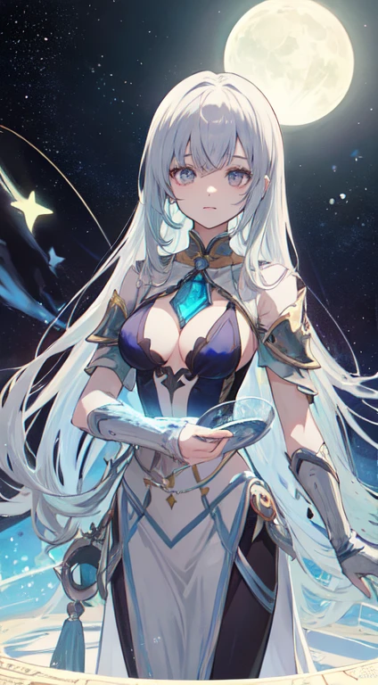 32 year old female ,Light blue-gray jewel color long hair, Silver eyes, Thin, Big  , goddess, Silver magic outfit, magic circle, Make it like tarot anime style but without the frame, Clear eyes ,cyan energy, Cyan particles, stars, moon