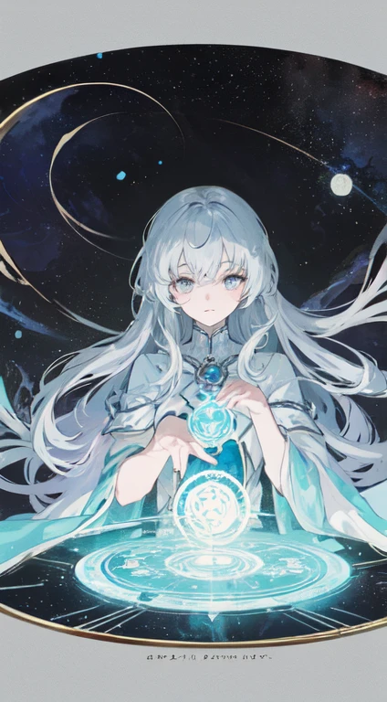 32 year old female ,Light blue-gray jewel color long hair, Silver eyes, Thin, Big , goddess, Silver magic outfit, magic circle, Make it like tarot anime style but without the frame, Clear eyes ,cyan energy, Cyan particles, stars, moon