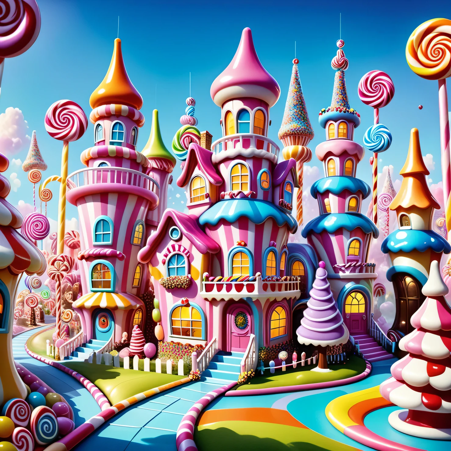 Dark fantasy, Very strange and gloomy Candyland with candy houses, candy intricate Gothic towers and candy trees, candy monsters, technically complex candy country, candy palette, Dark Fantasy, Candy magic, Candycore