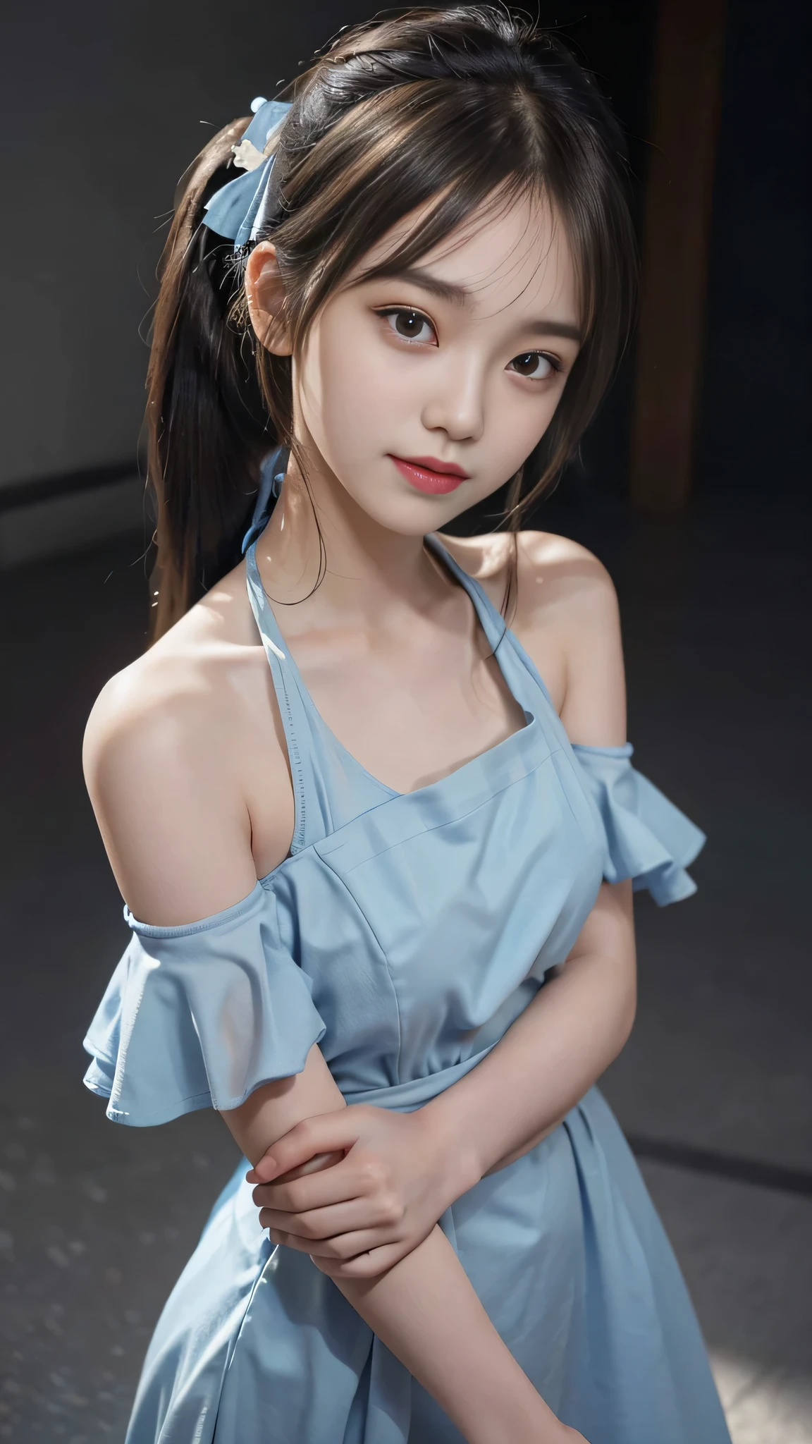 close up face,standing on stage,Blue colored long dress with lots of ruffles,One woman,masutepiece, The highest image quality, High quality, the background is clear,Beautiful woman, Japanese, Detailed, Detailed eyes, Detailed skin, Beautiful skin, 超hight resolution, (reality: 1.4),Very beautiful woman, Slightly younger face, Beautiful skin, slender, (Ultra photo realsisim), (hight resolution), (8K), (Very detailed) (beautifully detailed eyes), (super detailed), (Detailed face), view the viewer, Fine details, Detailed face, Staring straight ahead, Staring straight ahead, photos realistic, Bright lighting, Professional Lighting, Black hair,poneyTail,a baby face,fifteen years old,Hairstyle is ponytail,long ponytail hairstyle,slight smile,neat and tidy clothing,Beautiful Japanese KPOP idol photo, hair style is ponytail, my eyes are double and wide, baby face, smile and look straight ahead, slender, small breasts,Blue ribbon on head,
