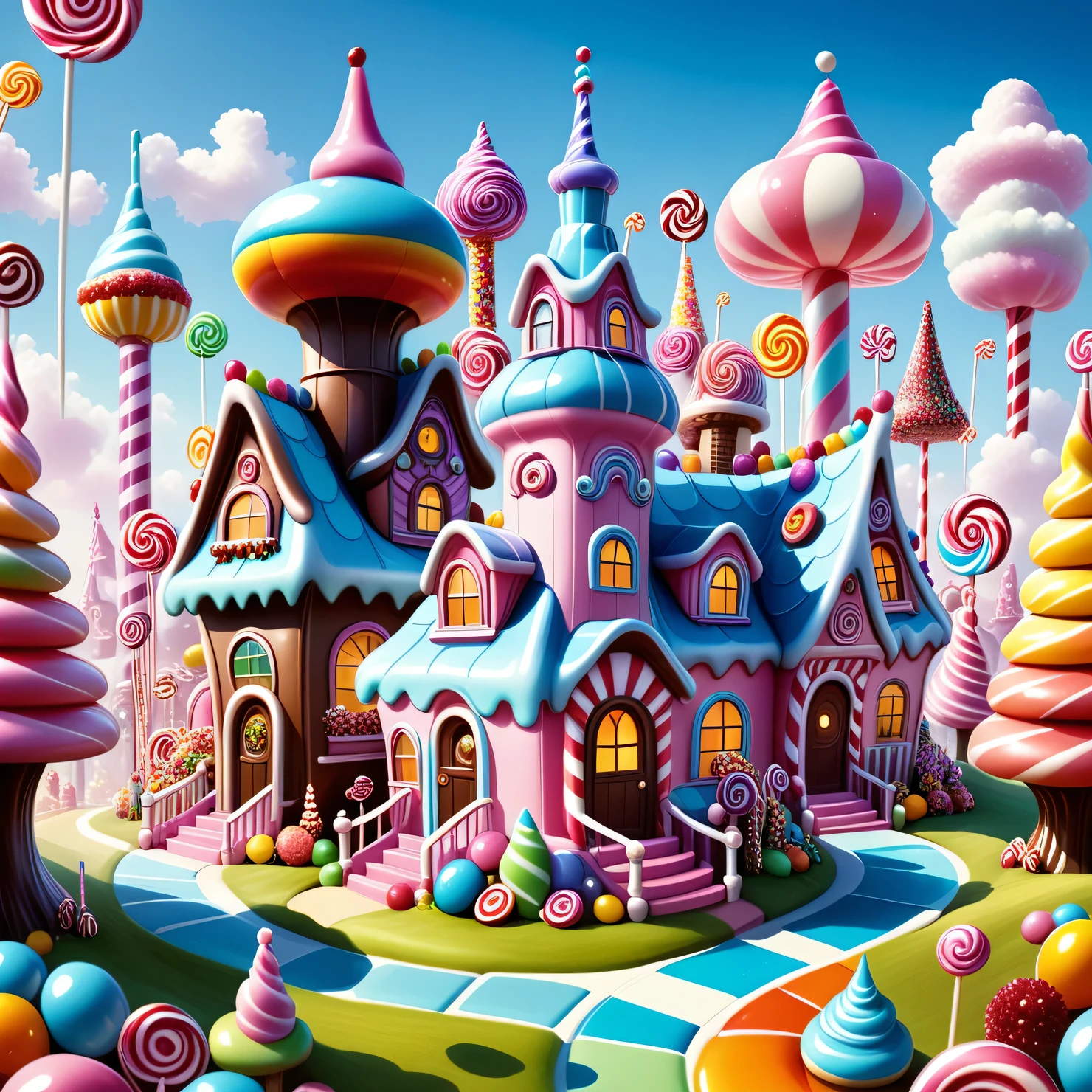 Very advanced and high-tech Candyland with candy houses, candy intricate towers and candy trees, candy transport and candy people, technically sophisticated candy country, bright candy palette