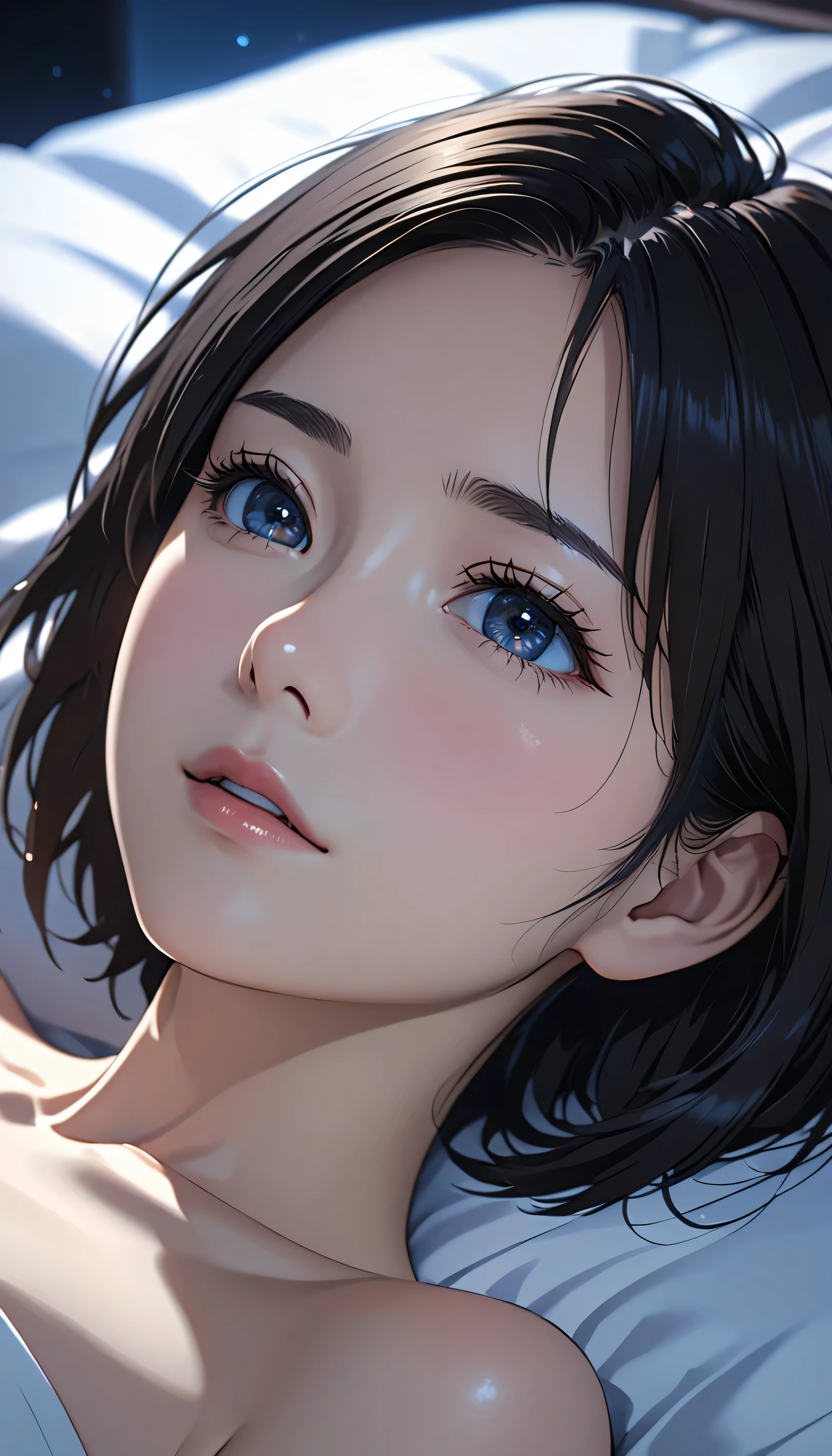 National Science Foundation,masterpiece, High resolution, digit, Kyoto Animation Style, Your name is cinematic style, night, midnight, Light, (1 female: 1.3), (alone: 1.4), long eyelashes, short bob, , lying down, topless,Lying in bed、dynamic poses,close up,Close up