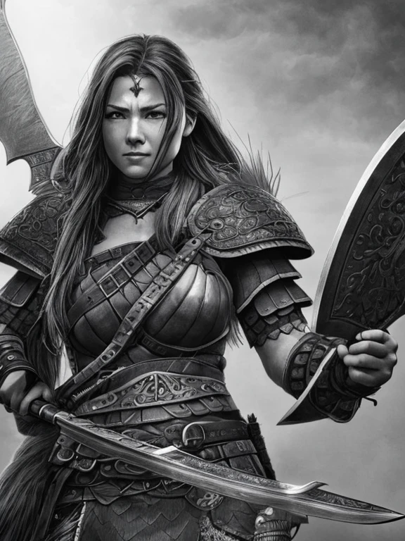 Charcoal pencil drawing, realistic drawing, black and white drawing, 4K, Best quality, sexytoon, a woman in armor holding a knife and a knife in her hands, barbarian warrior woman, warrior woman, warrior, warrior girl, a very beautiful berserker woman , a beautiful warrior woman, valkyrie, barbarian woman, warrior queen, warrior princess, epic color illustration, north warrior, epic fantasy art style hd, very beautiful barbarian woman, beautiful warrior