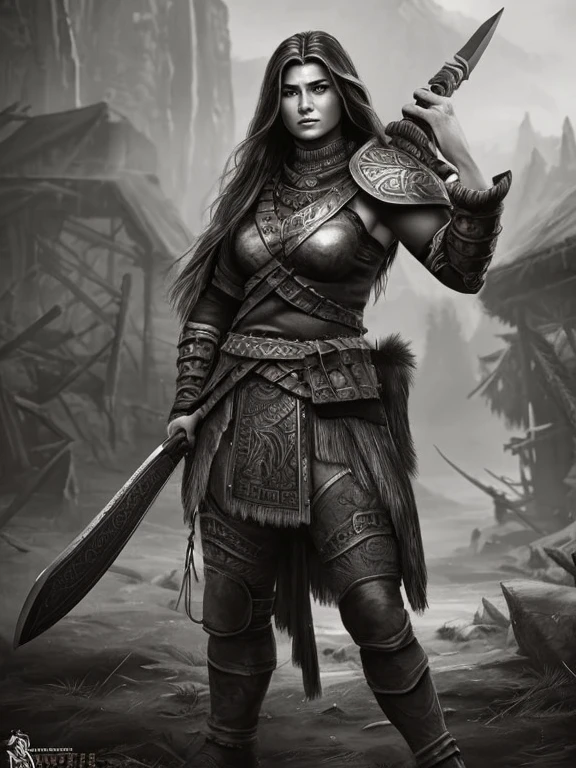 Charcoal pencil drawing, realistic drawing, black and white drawing, 4K, Best quality, sexytoon, a woman in armor holding a knife and a knife in her hands, barbarian warrior woman, warrior woman, warrior, warrior girl, a very beautiful berserker woman , a beautiful warrior woman, valkyrie, barbarian woman, warrior queen, warrior princess, epic color illustration, north warrior, epic fantasy art style hd, very beautiful barbarian woman, beautiful warrior