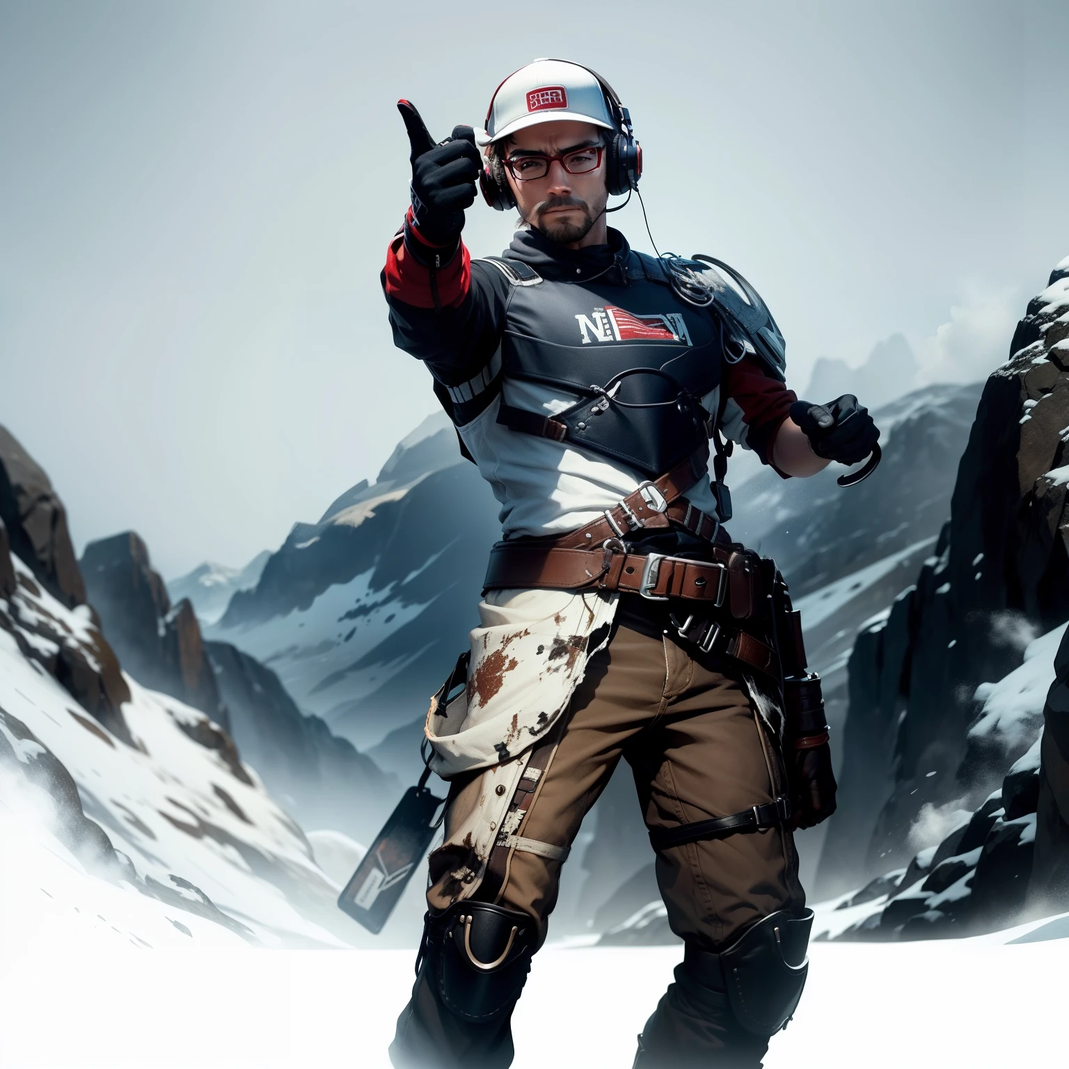 create western style does not change details does not change colors does not change clothing details high quality high definition 8k keep red glasses on face keep headphones keep proportion keep original details white cap dressed backwards keep original white colors